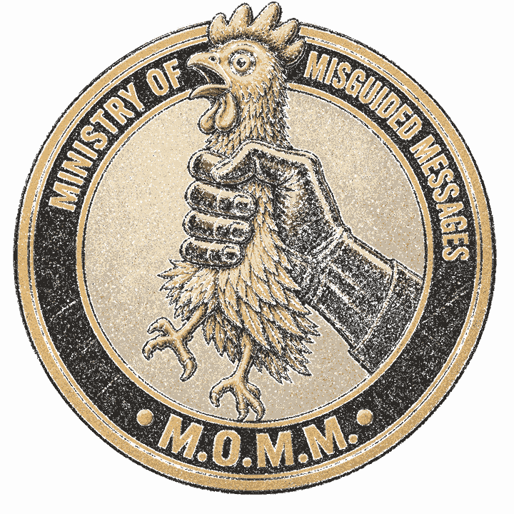 Seal of the Ministry of Misguided Messages: a gloved fist throttling a chicken, inscribed M.O.M.M.